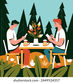 Couple enjoys picnic outdoors, vector illustration of romantic leisure with serene landscape view.