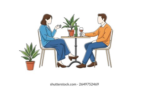 A couple enjoys a quiet conversation over drinks at a small table surrounded by green plants illustrating a peaceful outdoor dining experience
