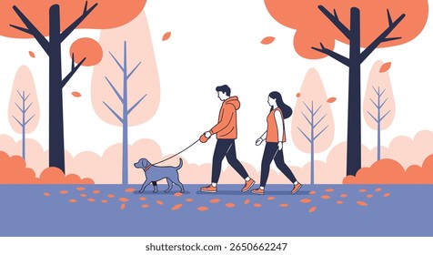 A couple enjoys a refreshing autumn walk with their loyal canine companion through the vibrant park landscape