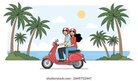 Couple enjoys a tropical vacation riding a red scooter on a sunny beach with palm trees and the ocean in the background illustration