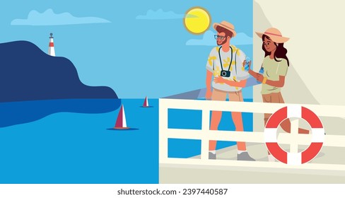 A couple enjoys a vacation on an ocean cruise. Pop art style illustration with female and male characters on the deck of the ship. Tourists relax during the cruise trip, with a panoramic background th
