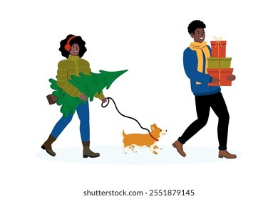 Couple enjoys winter outing while carrying Christmas tree and gifts with their dog