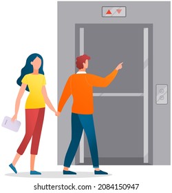 Couple enters modern elevator with iron doors. Lifting mechanism of elevator with up and down buttons. Passengers walk into door of lift. Metal lift for transporting people between floors of building