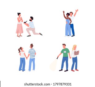 Couple entertainment flat color vector faceless character set. Man propose to woman with diamond ring. Pair pastime isolated cartoon illustration for web graphic design and animation collection