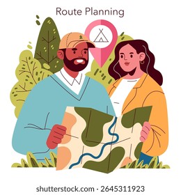 A couple enthusiastically planning their outdoor route together using a detailed map amidst a lush, green setting