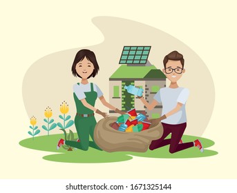 couple of environmentalists recycling characters vector illustration design