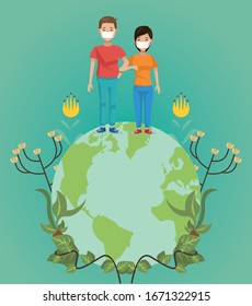 couple of environmentalists with world planet vector illustration design