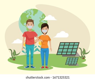 couple of environmentalists with world planet vector illustration design
