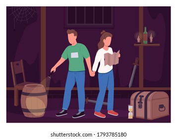 Couple in escape room flat color vector illustration. Role playing quest. Boyfriend and girlfriend on date. Romantic partners 2D cartoon characters with game room interior on background