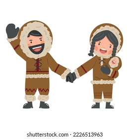 couple Eskimo with baby family cartoon