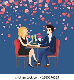 Couple in evening clothes sitting at table drinking champagne. Man holding hand of woman and saying toast. Card decorated red hearts, Valentine day vector
