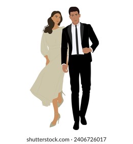 Couple in evening formal wear, man and woman together isolated on white background. Vector flat illustration. Modern stylish young people, wedding day