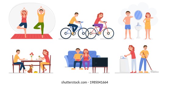 Un par de conjuntos de rutina diarios. Feliz estilo de vida familiar. La actividad diaria de las mujeres y los hombres. Ilustración vectorial.