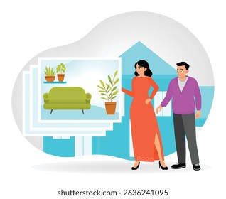Couple examining home decor choices displayed on a digital interface. Real estate listing services concept.