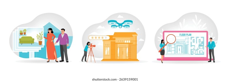 Couple examining home decor choices. Photographer using tripod and drone camera to capture a building. Discussing a building's floor plan. Real estate listing services concept.