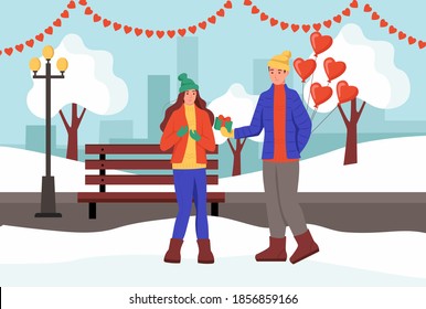 A couple exchange gifts and kiss in a winter Park. A young man and woman celebrate Valentine's day. Flat vector illustration.