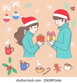 A couple exchanged gifts with some Christmas decorations in the background.