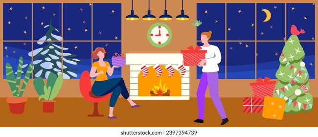 The couple exchanges gifts. Christmas and New Year vector illustration