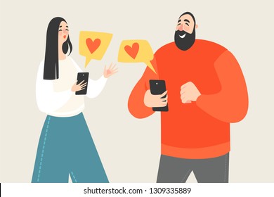 Pareja intercambia tarjetas de San Valentín en redes sociales usando teléfonos inteligentes. Personajes de dibujos animados aislados