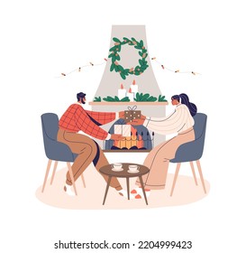 Couple exchanging Christmas gifts. Happy man and woman presenting Xmas present boxes, sitting by fireplace at home on winter holiday. Flat graphic vector illustration isolated on white background