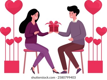 Couple Exchanging Gift Surrounded by Hearts