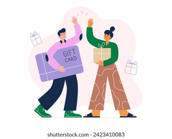 A couple exchanging gifts with each other. A man presented a gift certificate and a woman presented a gift box. Vector flat illustration on a white background.