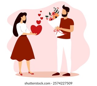 Couple exchanging gifts on Valentines Day with heart and flower bouquet in vector illustration