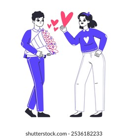 Couple exchanging hearts. Romantic people sharing hearts, cheerful characters in love giving hearts to each other flat vector illustration. Valentine's day love sharing