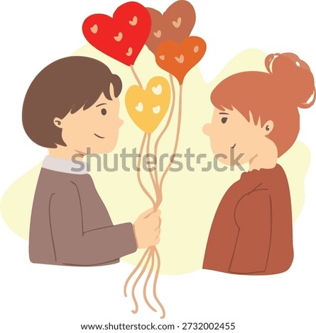 Couple exchanging heart-shaped balloons, symbolizing love and affection on a special occasion or anniversary