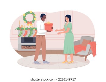 Couple exchanging presents 2D vector isolated illustration. Christmas gifts flat characters on cartoon background. Holiday colourful editable scene for mobile, website, presentation
