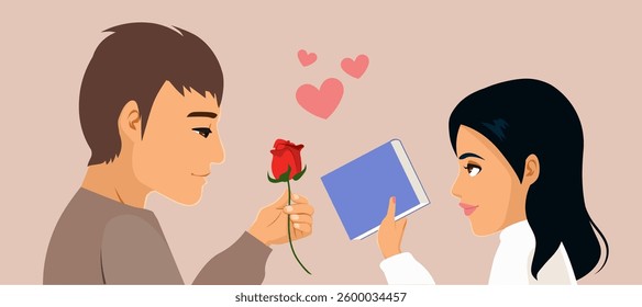 Couple Exchanging Sant Jordi's Holiday Gifts Vector Illustration. Profile view of woman and man holding book and flower expressing their love