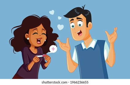 Pareja emocionada por la Ilustración del Vector de Prueba de Embarazo Positivo. Esposo y esposa celebrando juntos descubriendo que esperan un bebé
