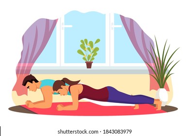 Couple exercising at home together, doing plank. Healthy sport workout for health indoor vector illustration. Young man and woman training, doing gymnastics, active lifestyle.