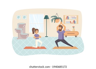 Couple exercising and practicing yoga asanas at home scene. Woman and man training. Sport activities, meditation, healthy lifestyle concept. Vector illustration of people characters in flat design