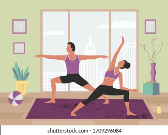 Pareja ejerciendo yoga en el vector de color plano. Caricatura sobre la práctica del yoga en casa. Fondo de entrenamiento para ejercicios respiratorios. Estilo de vida saludable en interiores actividades de fitness familiar ilustración