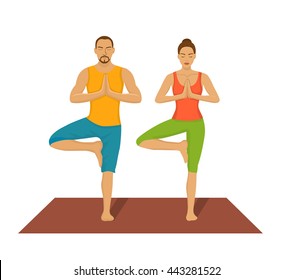 Couple exercising yoga together. Partner Yoga workout Vector Illustration. Tree Yoga Asana