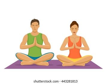 Couple exercising yoga together. Partner Yoga Vector Illustration. Man and Woman meditating in Lotus Pose