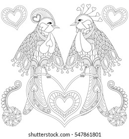 Couple of exotic tropical bird sitting on heart shaped branch for adult anti stress coloring page, art therapy, greeting card, decoration. Hand drawn zentangle illustration for St Valentine day