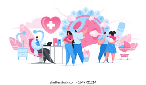 Couple expecting baby and happy parents with newborn child visiting professional male medical practitioner in office of contemporary fertility clinic. Flat cartoon people vector illustration