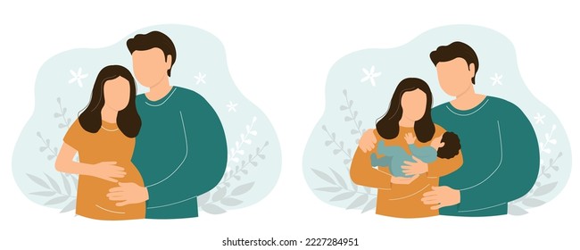 Una pareja espera un bebé. Un hombre y una mujer con un recién nacido en sus brazos. Feliz familia, madre y padre con un bebé. Gráficos vectoriales.