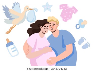 A couple expecting a baby. A man and a woman surrounded by symbols of upcoming parenthood: a stork, a feeding bottle, and a pacifier.