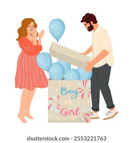 Couple expecting baby open box to find out if it's boy or girl Happy wife with pregnancy belly, husband waiting for first child Young mother and father on baby shower Gender reveal party vector design