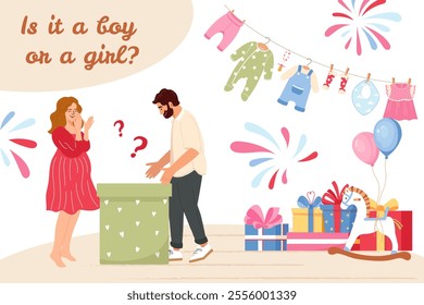 Couple expecting baby open box to find out if it's boy or girl Baby shower vector banner design with happy parents, gifts, baby clothes Ideal for festive gender reveal party invitations, cards, decor