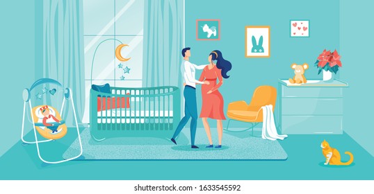 Couple Expecting Baby Standing in Childrens Room Interior Flat Cartoon Vector Illustration. Husband Hugging Pregnant Woman with Belly. Little Kid Sleppeng in Chair. Parenthood Concept.