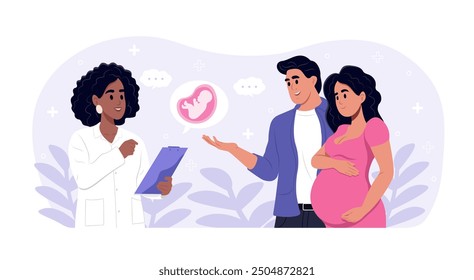 Couple expecting a child visits a doctor. A doctor consults a pregnant woman with her husband. Flat vector illustration