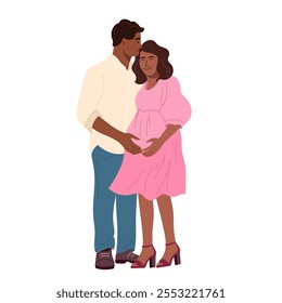 Couple expecting their first child Pregnant wife and husband. Happy mother shows off her baby bump, while father eagerly awaits their little one. Joyful family moment depicted flat vector illustration