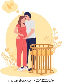 Couple expects baby 2D vector isolated illustration. Future parents near cradle. Expecting baby. Happy woman and man. Young family flat characters on cartoon background. Parenthood colourful scene