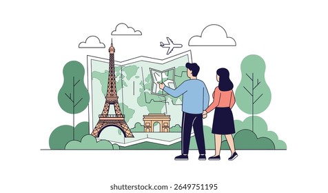 A couple explores a global map with a prominent eiffel tower illustration and lush green surroundings signifying travel and adventure opportunities across diverse destinations worldwide