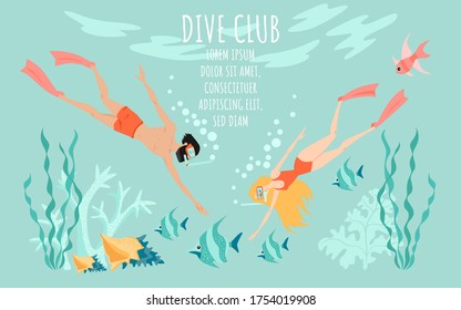 The couple explores the underwater world. Diving club vector banner template with two divers surrounded by fish, algae and coral. Cartoon illustration in a flat style.