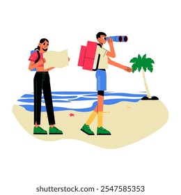 Pareja Explorando La Playa Con Mapa Y Telescopio En Ilustración vectorial Plana Que Simboliza El Turismo, La Aventura Y La Exploración, Aislado Sobre Fondo Blanco